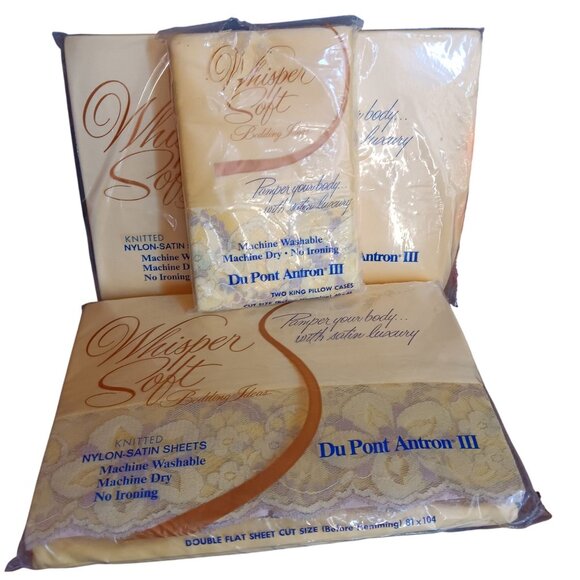 Vtg Sheet Set Whisper Soft Double Nylon Satin Lace Trim Flat Fitted Pillowcase - Picture 1 of 8